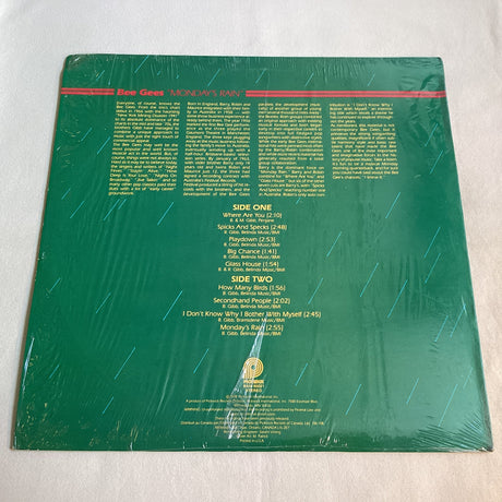 Back cover of Bee Gees Monday's Rain vinyl album with track listing and description