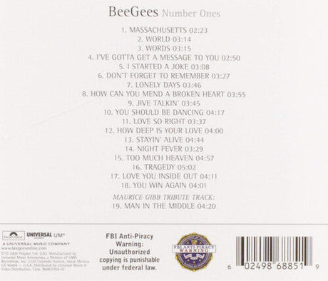 Back cover of Bee Gees Number Ones CD listing track names and album details