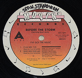 Close-up of Before The Storm 'I've Got The Music' 12 inch vinyl record label by Movin' Records
