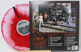 Combust Belly of the Beast vinyl with red splatter pattern next to graffiti-style band photo and tracklist