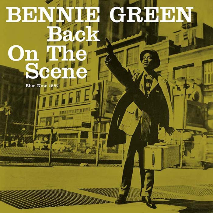 Album cover with a person holding a suitcase on a city street, featuring text 'Bennie Green Back On The Scene' and 'Blue Note 1587'.