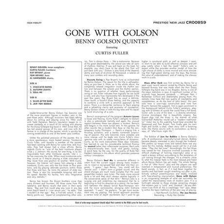 A square black-and-white printed sheet or cover design for Benny Golson Quintet's 'Gone With Golson,' featuring the title at the top, artist name, track list, and dense column of small text below.