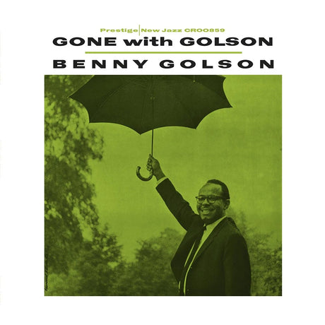 Album cover featuring a man holding an umbrella with text 'Gone with Golson Benny Golson' on a green background.