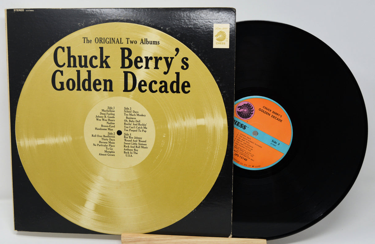 Vinyl record and cover titled 'Chuck Berry's Golden Decade' on a white background
