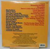 Back cover of a vinyl record with song list and text on a yellow background