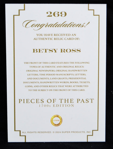 Pieces of the Past Betsy Ross authentic relic card certificate from the 1700s edition