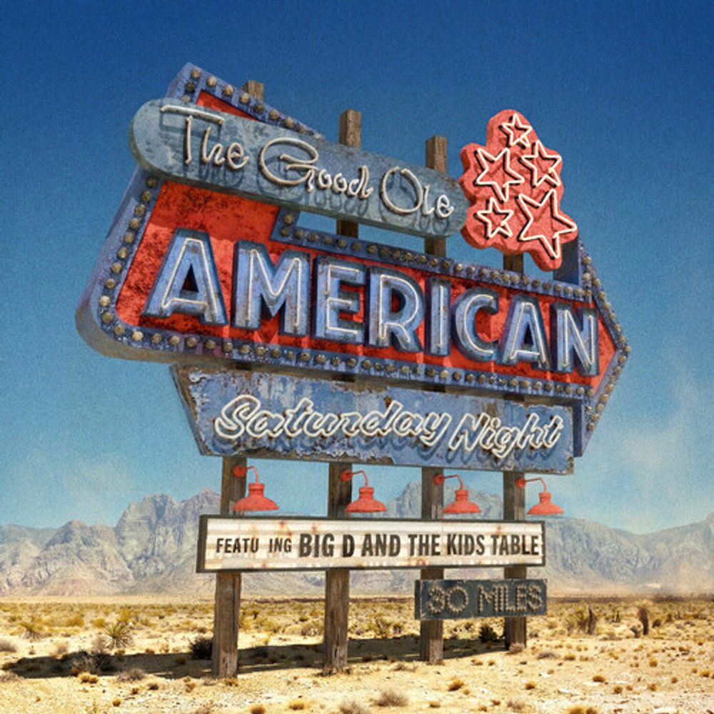 Vinyl record cover featuring a desert scene and neon sign.