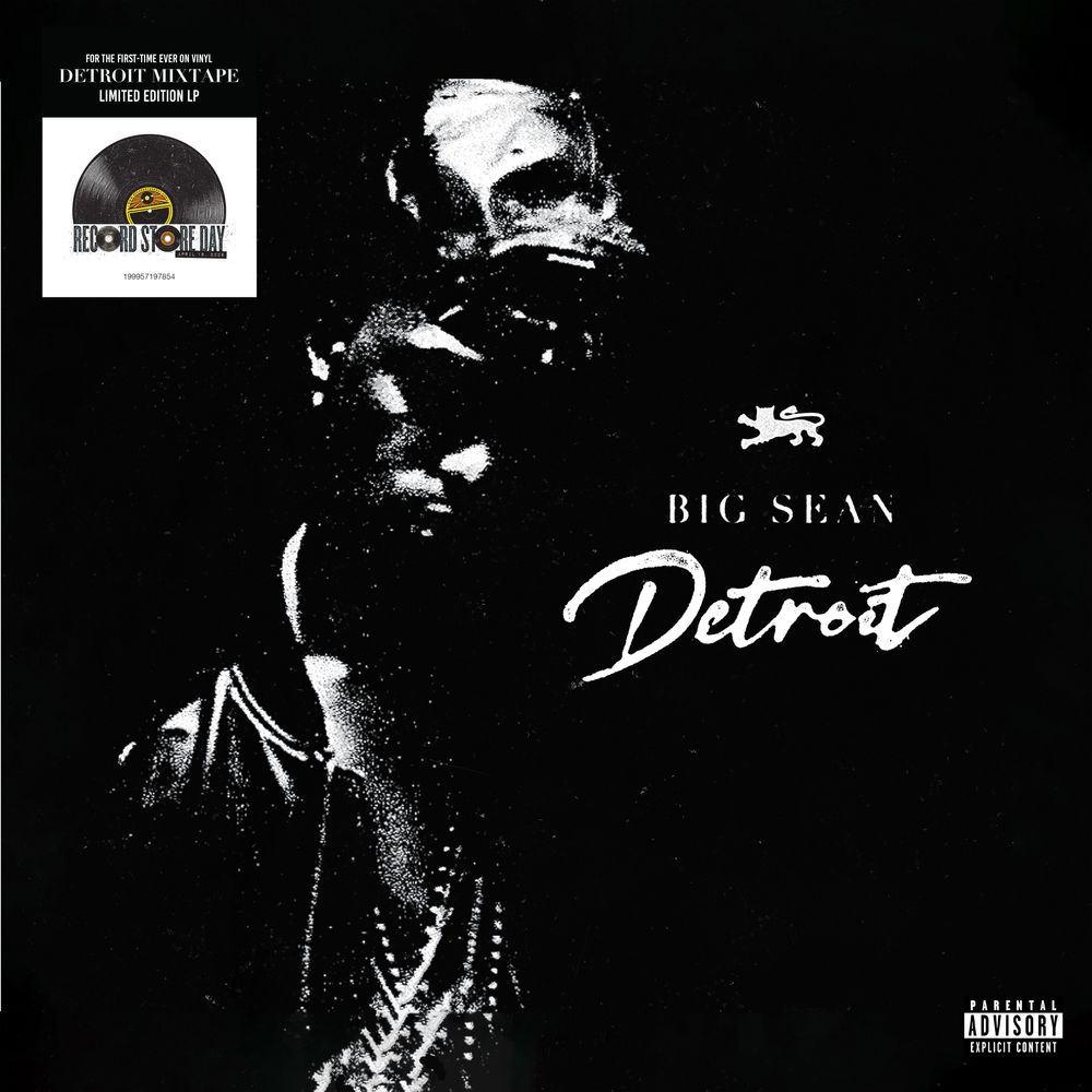 Album cover for 'Detroit' by Big Sean with a black and white image of a person wearing a helmet.