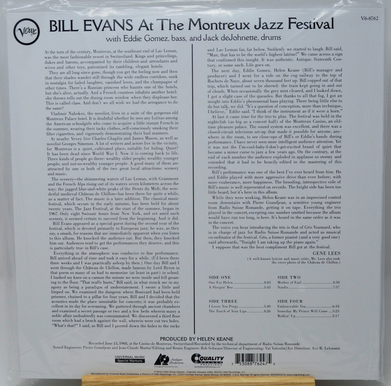 Back cover of a vinyl record for Bill Evans' 'At The Montreux Jazz Festival', showing track listings, credits, and a barcode on a white background.