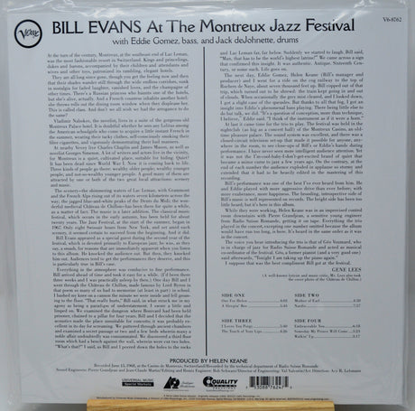 Back cover of a vinyl record for Bill Evans' 'At The Montreux Jazz Festival', showing track listings, credits, and a barcode on a white background.