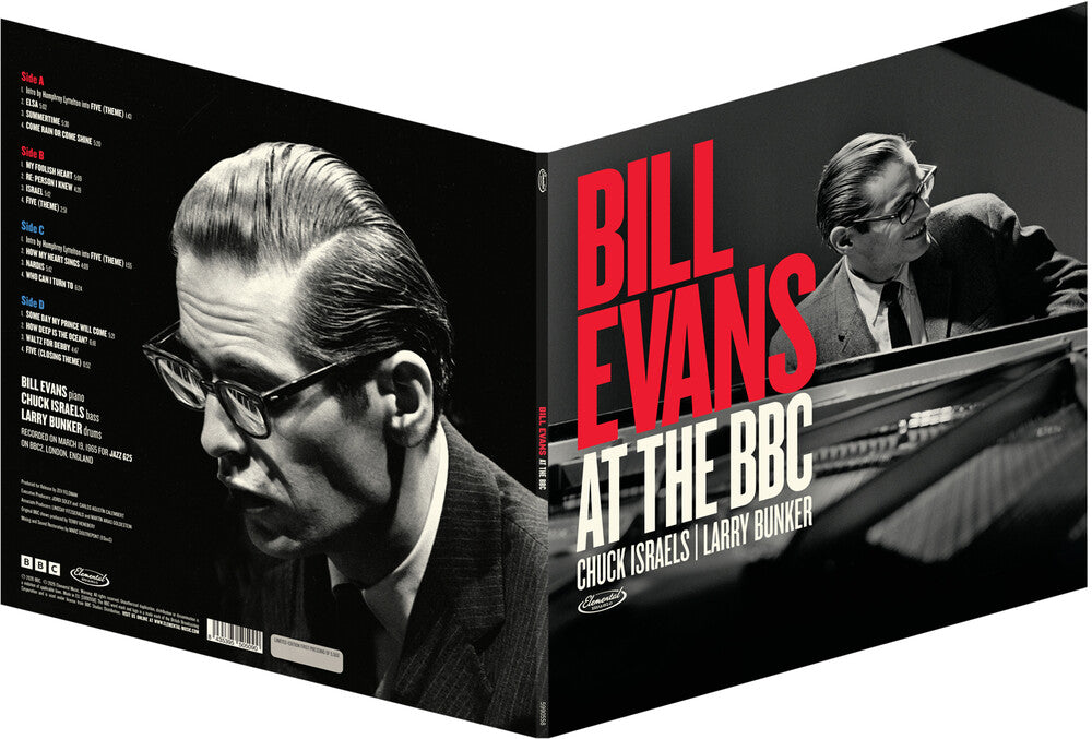 Album cover for 'Bill Evans at the BBC' featuring a black and white portrait of Bill Evans and red text.