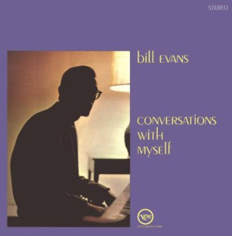  vinyl record cover for 'Conversations With Myself' by Bill Evans, featuring a black and white photo of Bill Evans playing the piano.