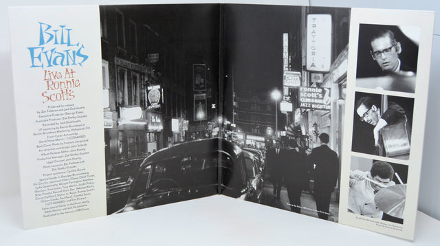 Inner gatefold of Bill Evans Live at Ronnie Scott's vinyl album featuring production credits, jazz club photo, and band portraits