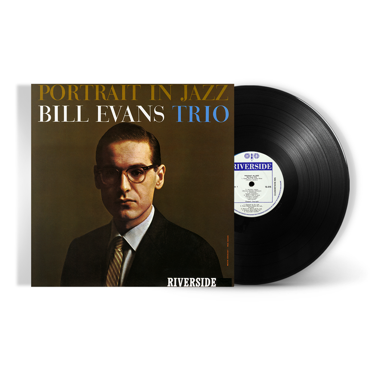 Vinyl record album cover for Bill Evans Trio's 'Portrait in Jazz' with a black vinyl record visible.