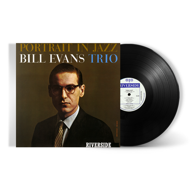 Vinyl record album cover for Bill Evans Trio's 'Portrait in Jazz' with a black vinyl record visible.