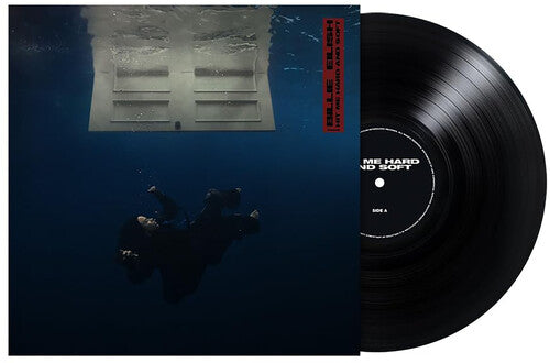 Billie Eilish 'Hit Me Hard And Soft' vinyl record with cover featuring a person underwater and text on a blue background