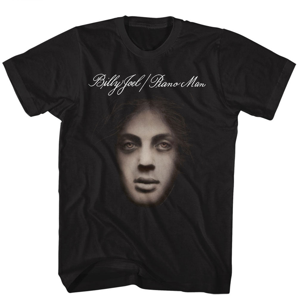 Black t-shirt featuring Billy Joel Piano Man album cover art with stylized face and script text