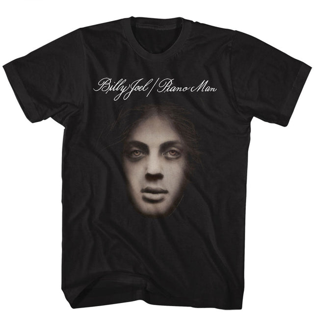 Black t-shirt featuring Billy Joel Piano Man album cover art with stylized face and script text