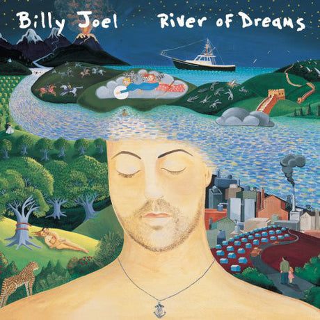 Album cover for 'River of Dreams' by Billy Joel with a stylized landscape and face.