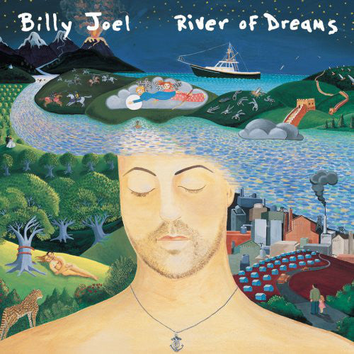 Album cover for 'River of Dreams' by Billy Joel with a stylized landscape and face.