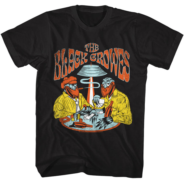 Black t-shirt with 'The Black Crowes' band graphic design on a white background
