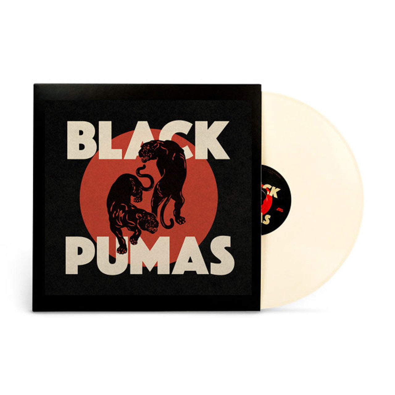 Vinyl record with 'Black Pumas' cover featuring two panthers on a red circle.