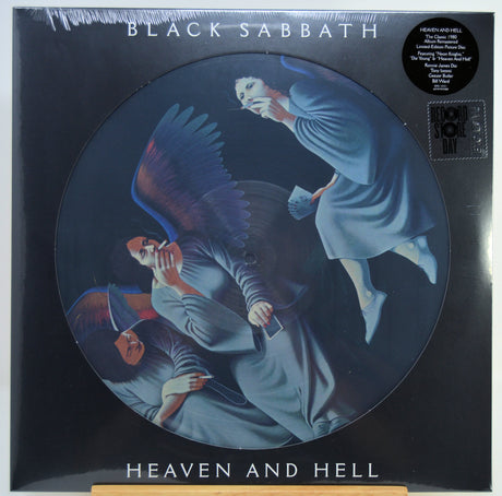Black Sabbath 'Heaven and Hell' picture record vinyl LP in its original shrink-wrap packaging, featuring a circular printed cover with a dark illustration of three angel figures in blue-gray robes.