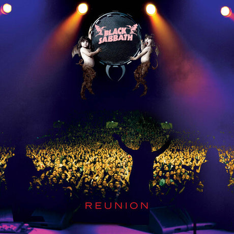 Cover art for Black Sabbath - Reunion Live vinyl record featuring the band performing live with an audience in the background.
