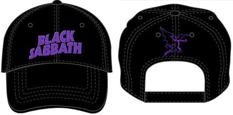 Front and back views of a Black Sabbath black snapback hat with purple logo and flying angel graphic