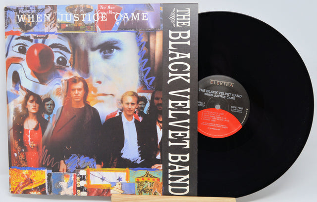 Vinyl record with cover featuring a collage of faces and text, on a white background