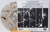 Black Smoke Records' 'Medicate My Mind' vinyl record LP shown with its back cover. The LP features a distinctive marbled, cloudy light beige and gray pattern, while the back cover displays a black-and-white band photo collage and tracklist.