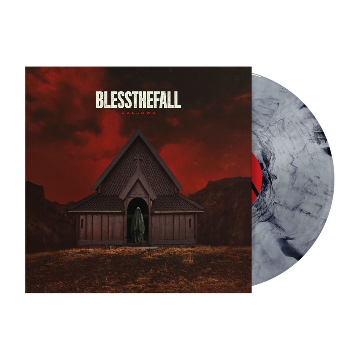 Blessthefall Gallows album cover with marble effect vinyl record and dark red sky