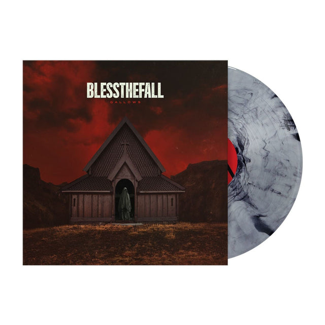 Blessthefall Gallows album cover with marble effect vinyl record and dark red sky