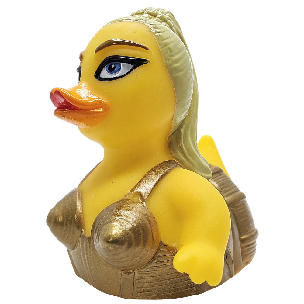 Pop star inspired rubber duck with blonde hair and gold cone bra costume