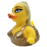 Pop star inspired rubber duck with blonde hair and gold cone bra costume