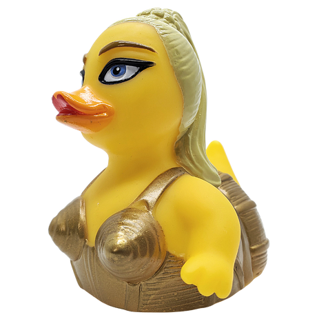 Pop star inspired rubber duck with blonde hair and gold cone bra costume