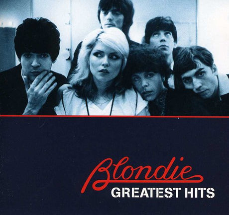 Album cover for 'Blondie Greatest Hits' featuring a group of people with a black and white photo at the top.