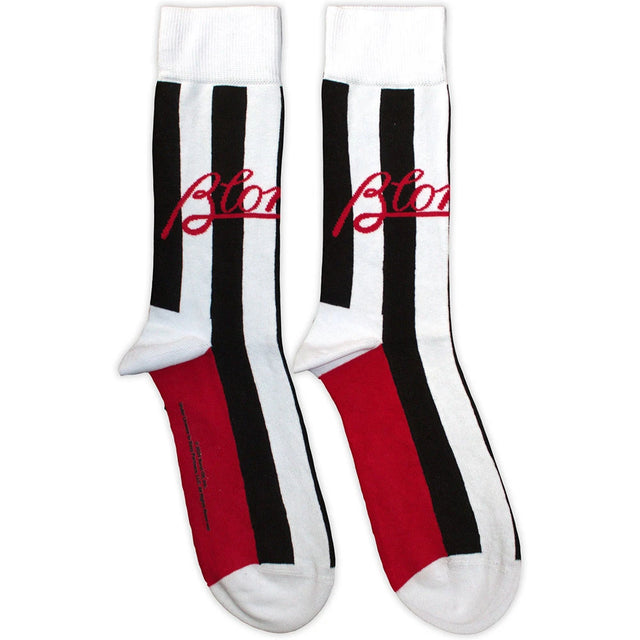 White socks with black and red stripes and 'Blondie' branding on a white background