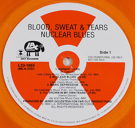 Closeup of Blood, Sweat & Tears Nuclear Blues orange promo vinyl record label