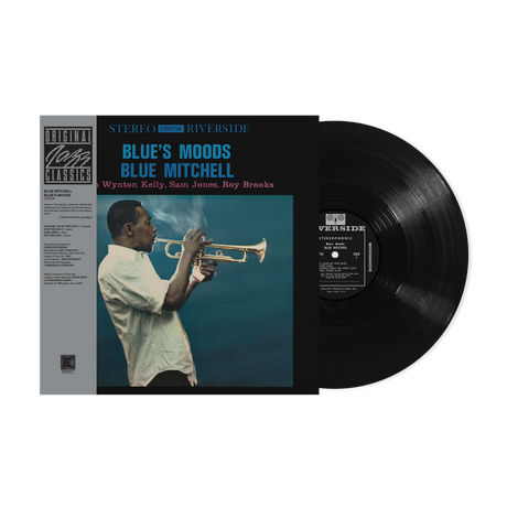 A vinyl record titled 'Blue's Moods' by Blue Mitchell with the Original Jazz Classics Series label, featuring a black label with blue and white text and an image of a jazz trumpeter.