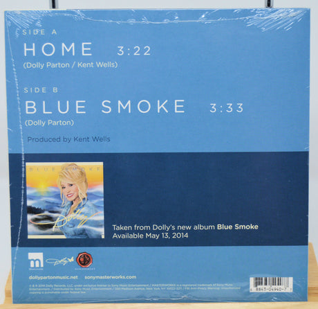 Back cover of Dolly Parton's Home / Blue Smoke vinyl showing track details, credits, and album info