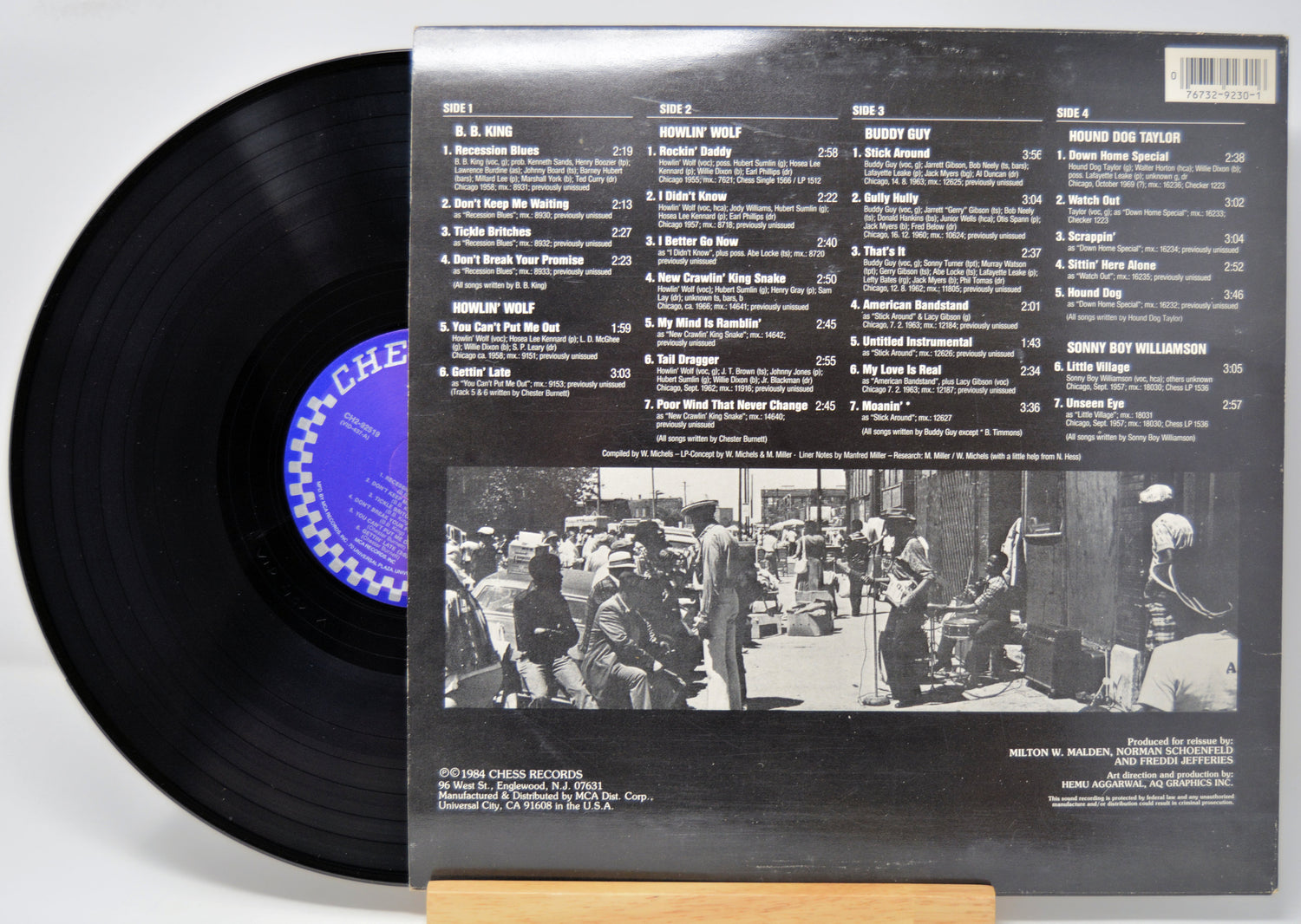 Vinyl record of blues rarities on the Chess label with back cover showing text of song titles and credits