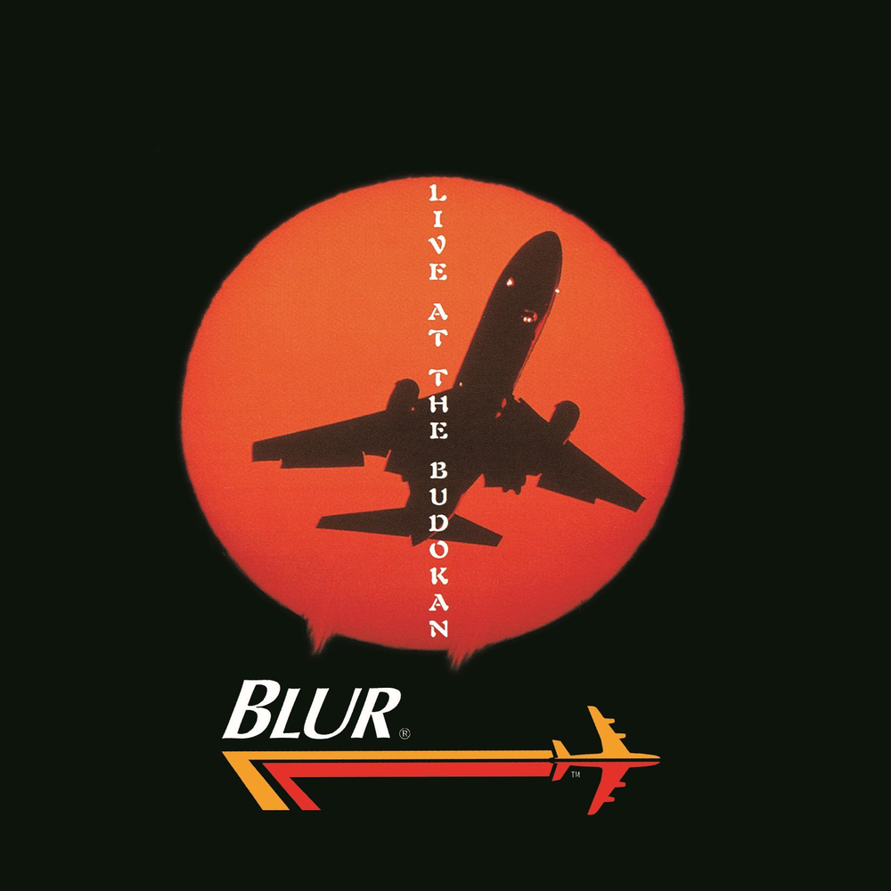Album cover with airplane silhouette, red circle, and 'Blur' branding on a black background