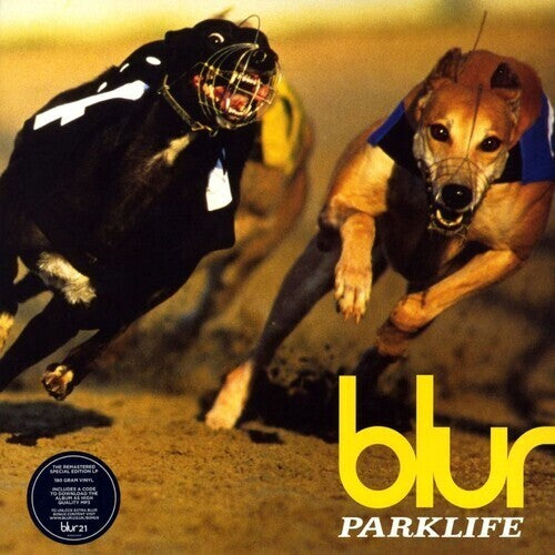 Album cover of 'Parklife' by Blur featuring two racing dogs.