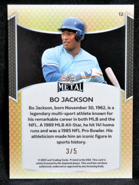 Back of Bo Jackson Leaf Metal trading card with career highlights and stats