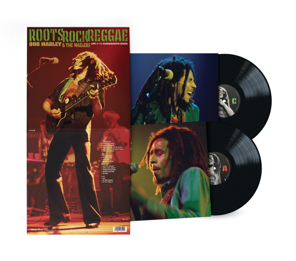 Vinyl record set with Bob Marley cover and two black records on a white background