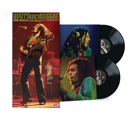 Vinyl record set with Bob Marley cover and two black records on a white background