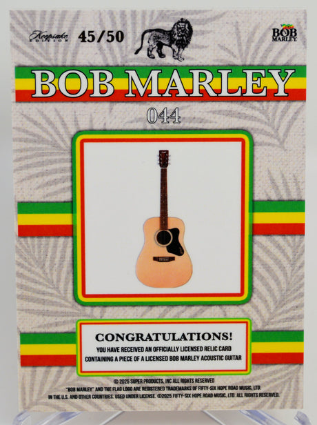 Bob Marley guitar relic card with guitar illustration and colorful border