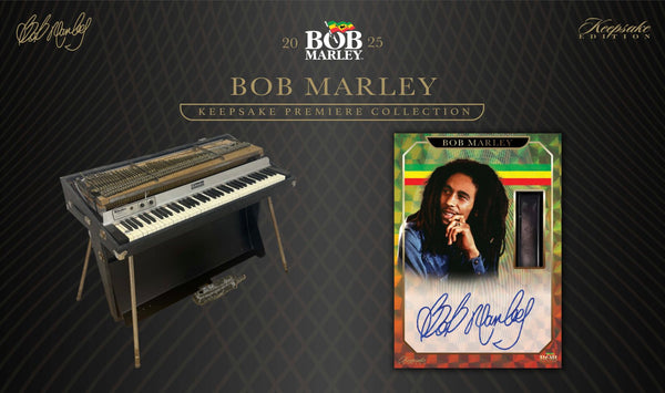 Bob Marley Keepsake Premiere Collection featuring keyboard, portrait relic card, and autograph display