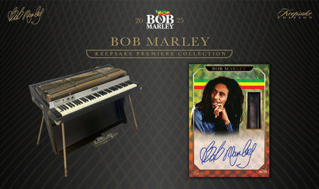 Bob Marley Keepsake Premiere Collection featuring keyboard, portrait relic card, and autograph display